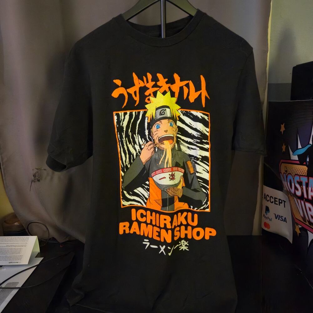 Naruto Shippuden Ichiraku Ramen Shop Vintage Anime Graphic T-Shirt Black Size L